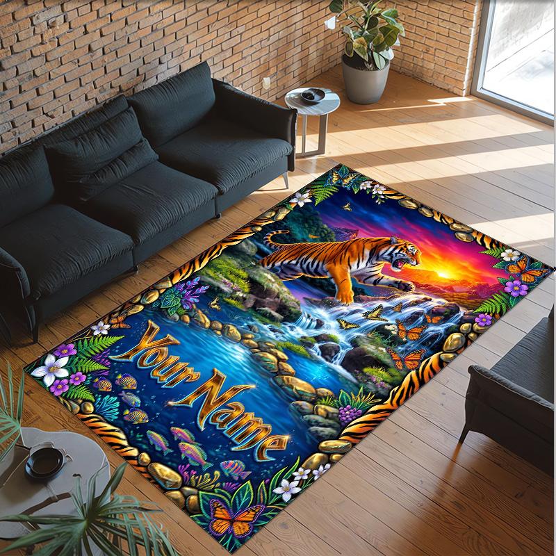 Leopard Theme Crystal Velvet Floor Rug Personalized Custom Name Text Warm Carpet Home Decoration