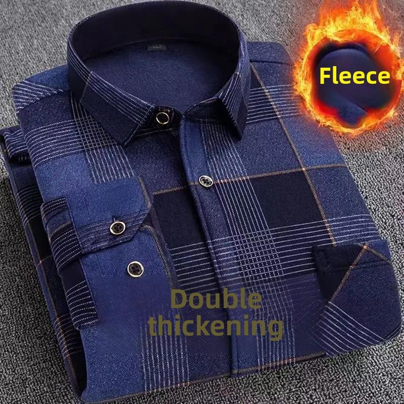 Korean Style Men's Warm Fleece Lined Thick Long Sleeve Plaid Casual Slim Fit Shirt Fashionable Winter Clothing