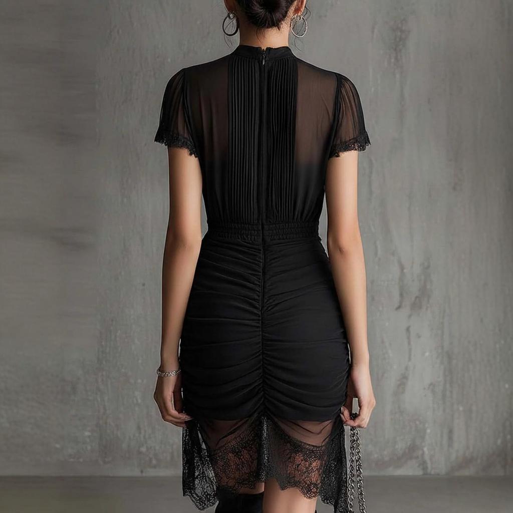 New European and American Style, Black Perspective Lace Splicing Dress, Slim and Thin, High Split Skirt Lace