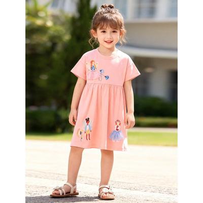 Foreign Trade Children's Clothing Little Elf Girl Short-Sleeved Dress Summer Round Neck Printed Pure Cotton Knitted Dress Loose Skirt