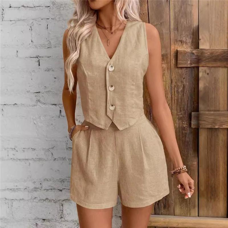 Women 2 Piece Outfit V Neck Sleeveless Button Vest High Waist Pocket Shorts Summer Linen Suit