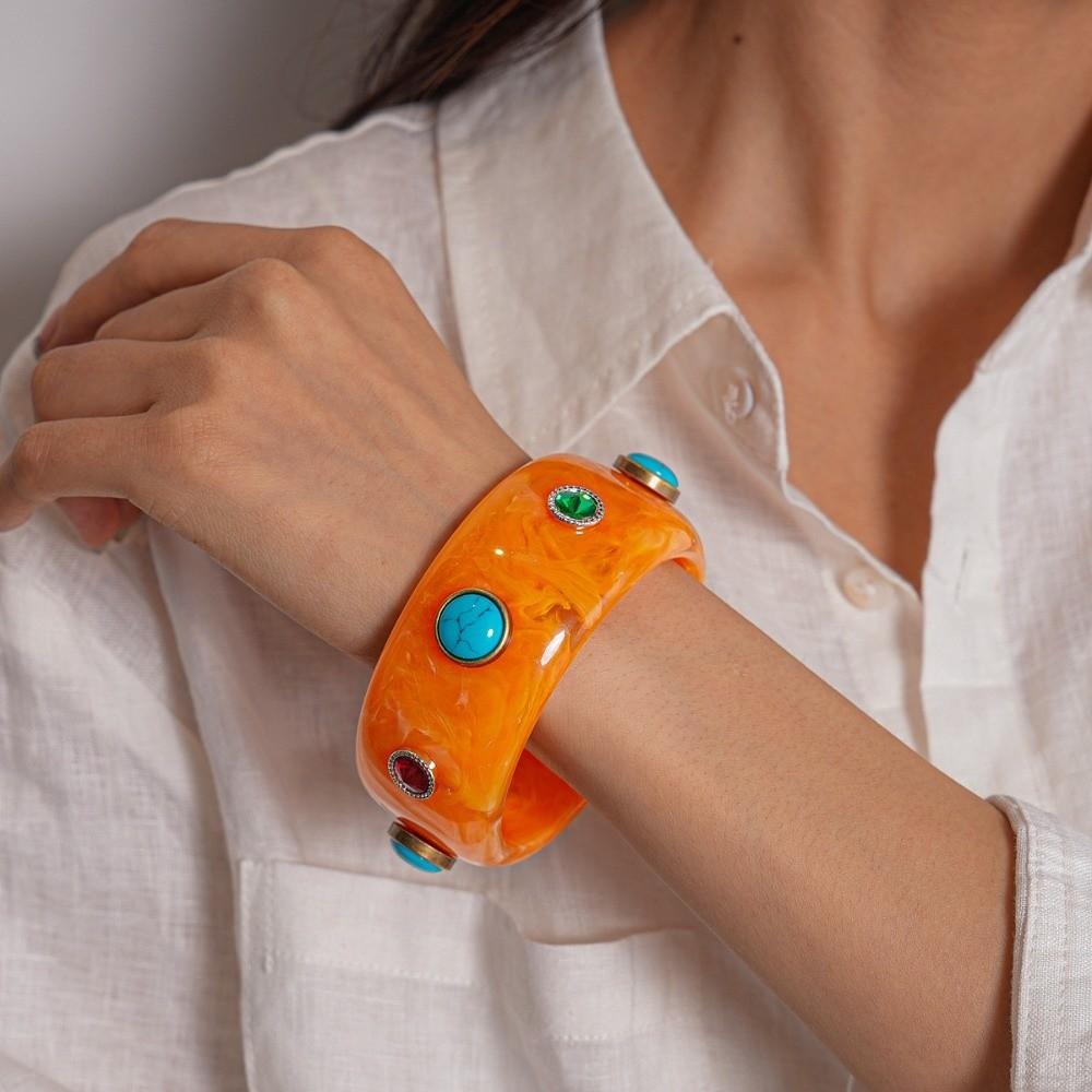Bohemian Acrylic Rhinestone Bangle Wide Retro Hand Ring Creative Turquoise Acrylic Bracelet  Women