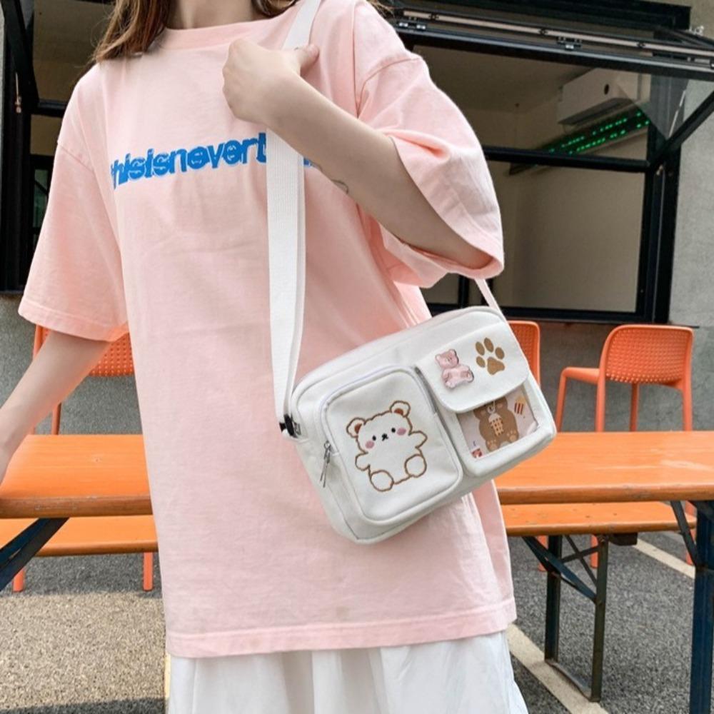 Embroidery Bear Canvas Shoulder Bag Solid Color Shoulder Bag Cute Transparent Itabag  Gift