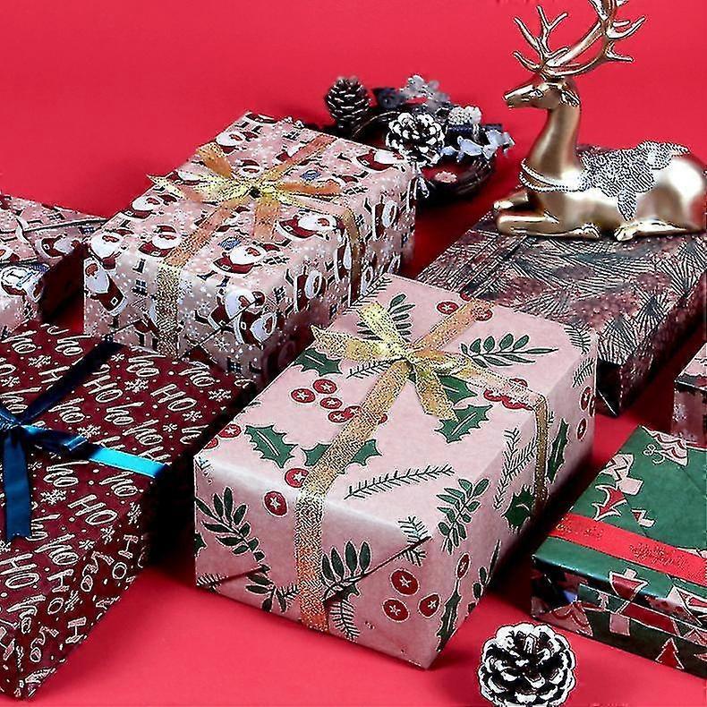Christmas Wrapping Paper, Made From Recycled Kraft Paper, 6 Folded Sheets 100x44cm With 6 Vintage Designs - Pjun