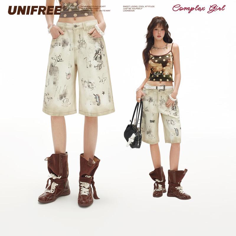 UNIFREE Marine Print Washed Casual Shorts M