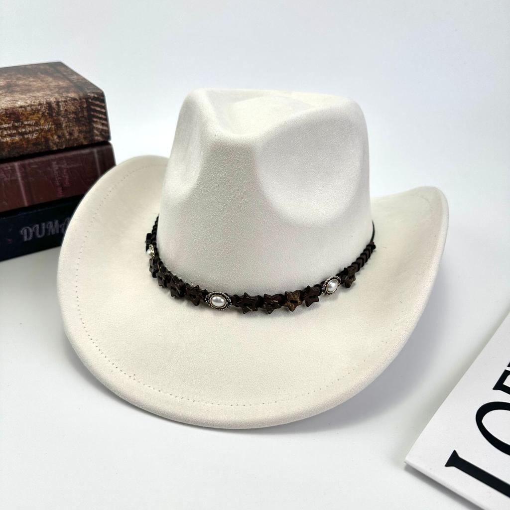 Western Cowboy Hat Women'S Wool British Suede Pearl Accessories Peach Heart Top Hat