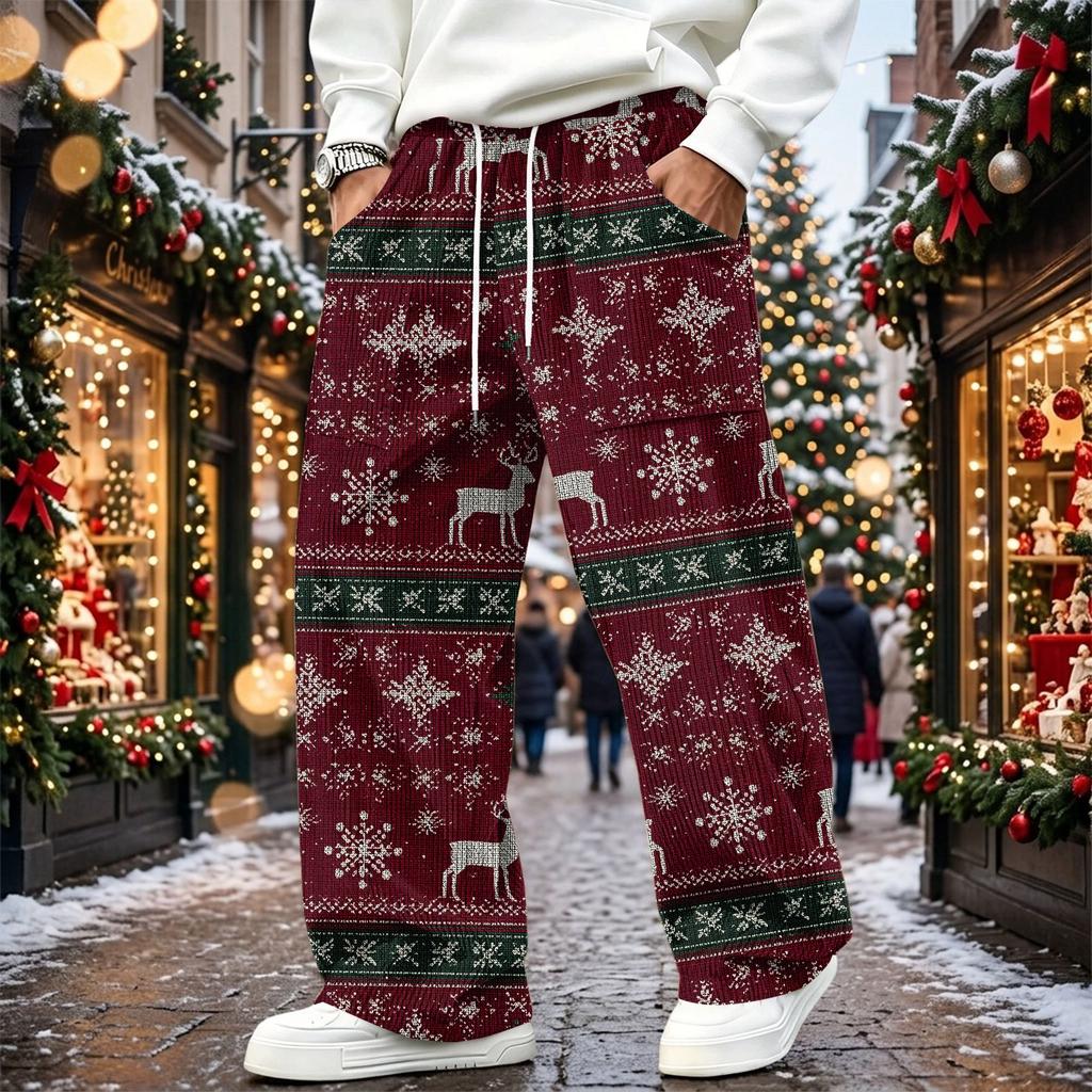 Men's Corduroy Pants Loose Fit Straight Leg Elastic Waist Casual Christmas Print