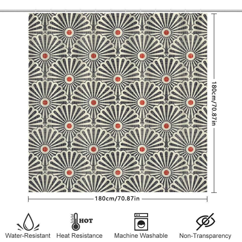 Black White Red Bath Shower Curtain With Sunburst Floral Pattern Decorative Waterproof Washable For Home Bathroom Accessories De