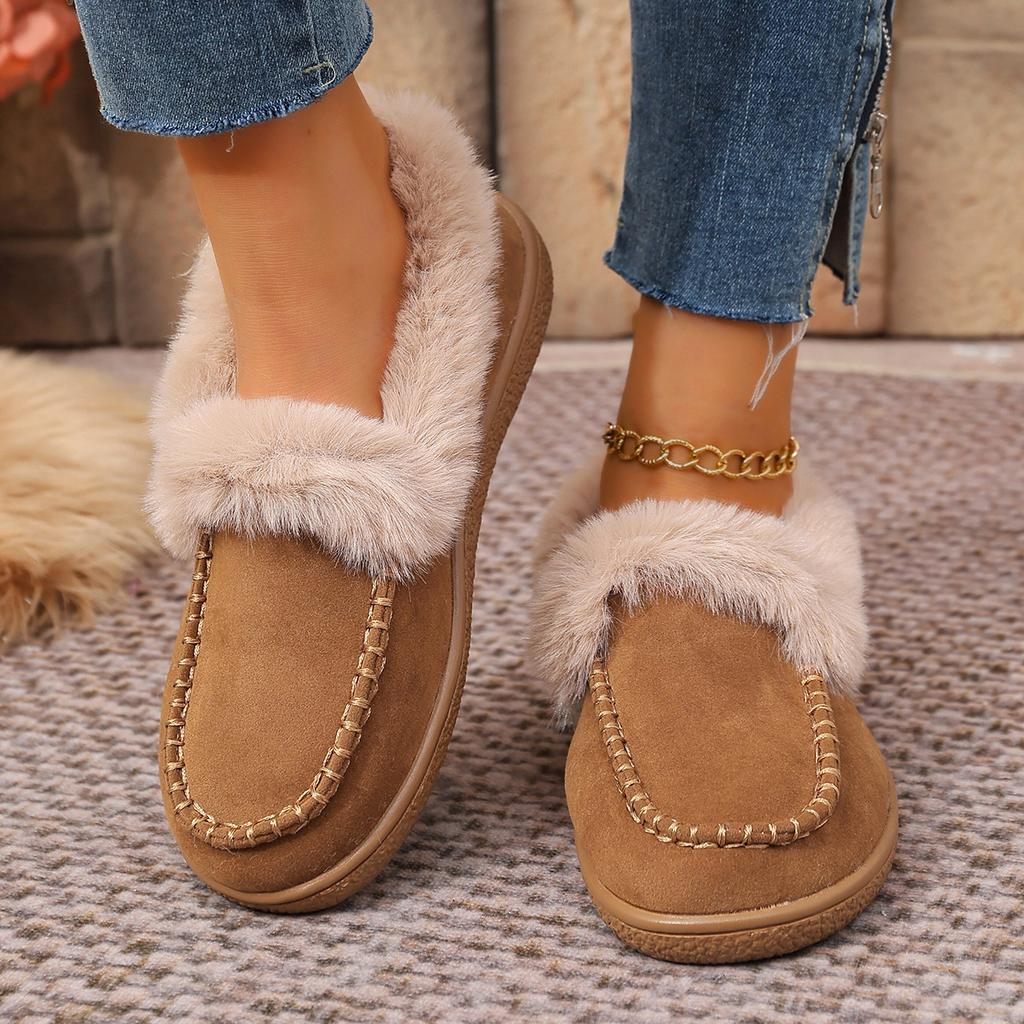 2025 Winter New Round Head Fluffy Shoes Retro Fashion Versatile Foreign Style Flat Bottom Velvet Thickened Cotton Shoes Women