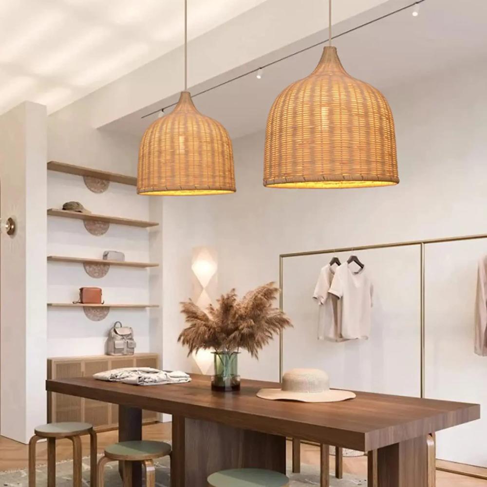 26/35/45/60CM Boho Rattan Chandelier Light Vintage Zen Hand Knitted Ceiling Chandelier Lamp for Bedroom Tea Room Restaurant E27