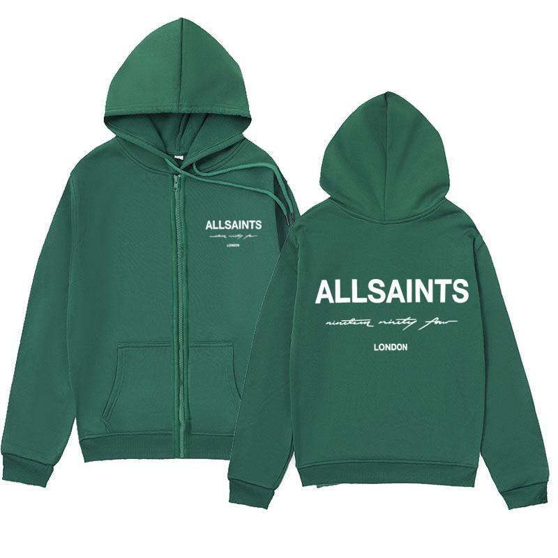 ALLSAINTS Letter Print Zip Up Hoodie Loose Drop Shoulder Casual Sweatshirt Men Women
