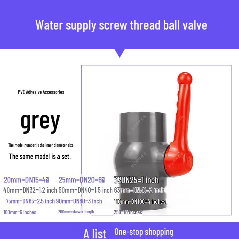 Grijze PVC Kogelkraan: Maten 20-110, Schroefdraad, Kunststof Waterleiding Schakelaar