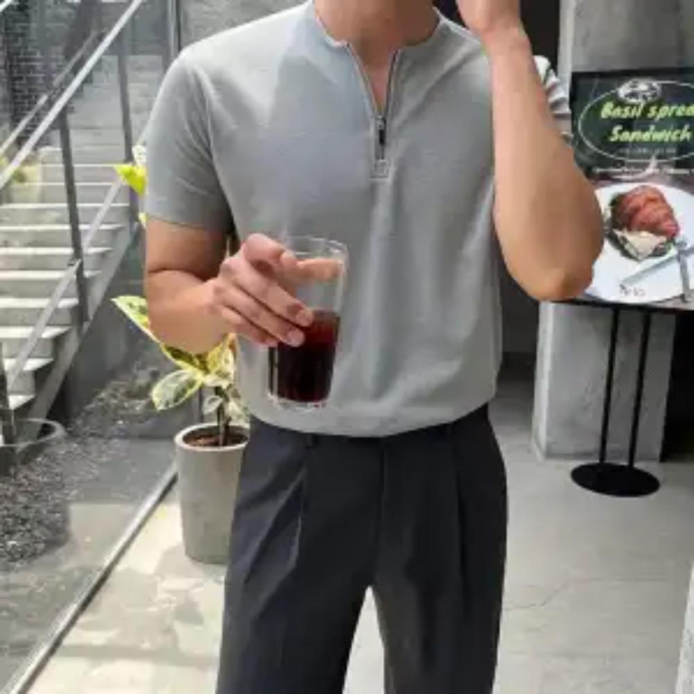 Summer Zipper POLO Shirt Lapel Sports Short Sleeve Solid Color Fitness Instructor Training Slim Quick Dry T-shirt Workwear Men