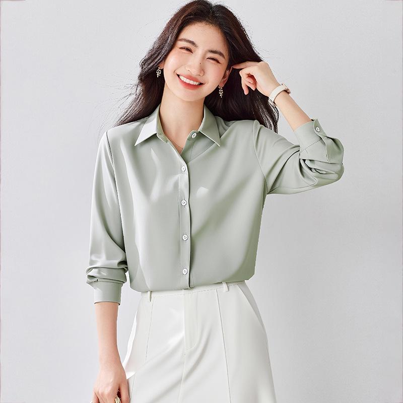 Elegant Women's Green Satin Shirt - Spring 2026 New Arrival, Perfect for Professional Interviews