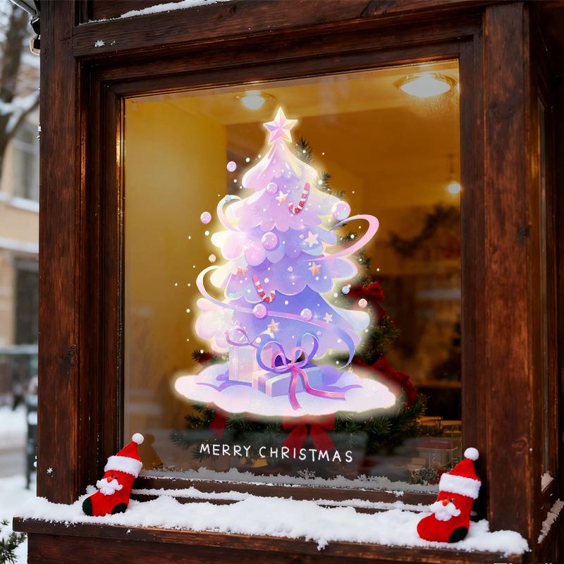 Purple Christmas Tree Electrostatic Stickers, Shop Window Display, Restaurant Decoration, Event Atmosphere, Glass Door Stickers