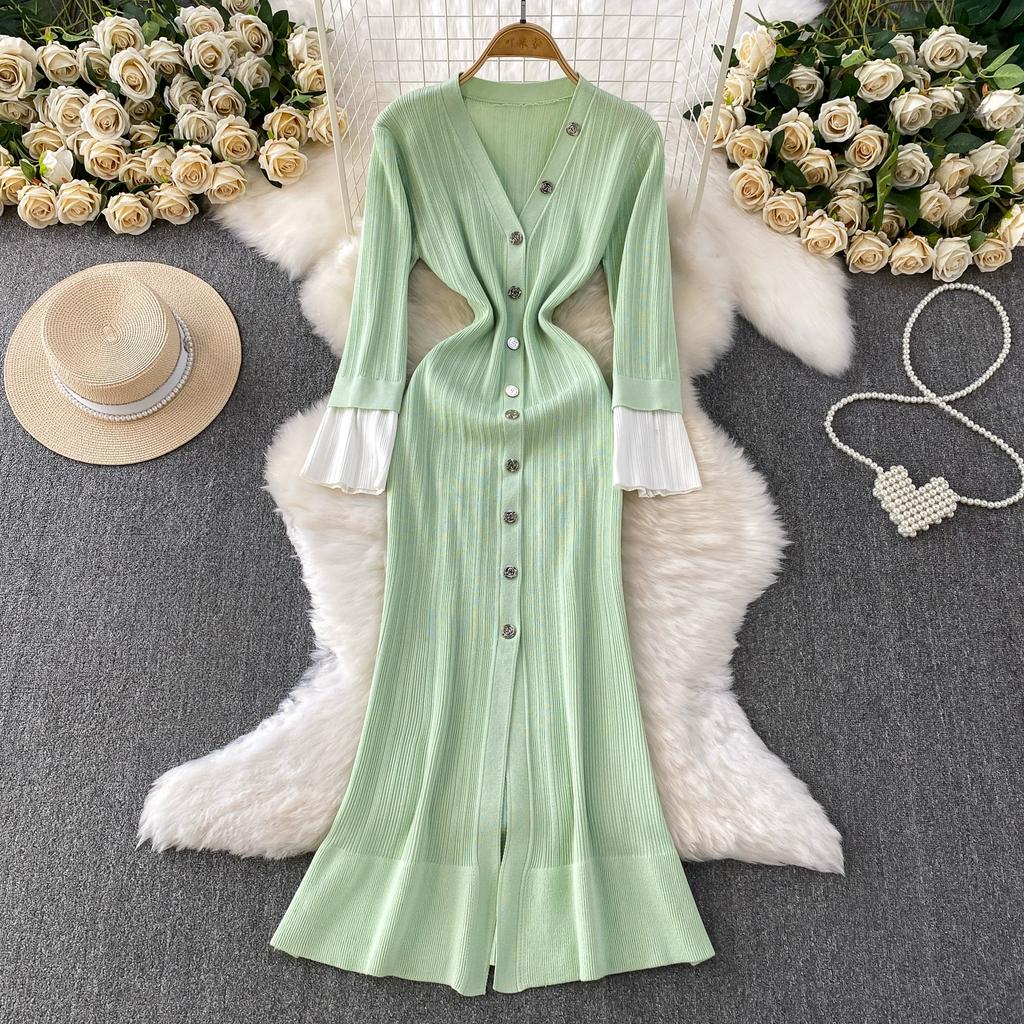 Autumn Winter Women V-neck Full Sleeve Knitted Pullover Sweater Party Long Maxi Mermaid Dresses
