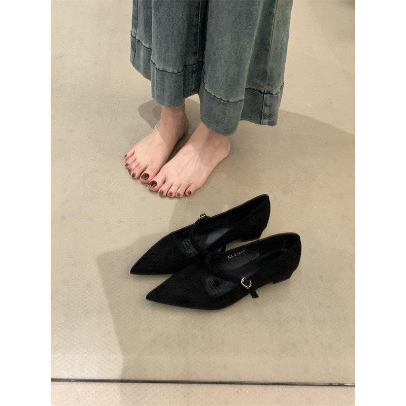 French thick heel pointed Mary Jane shoes 2025 new suede shallow mouth word with suede versatile single shoes