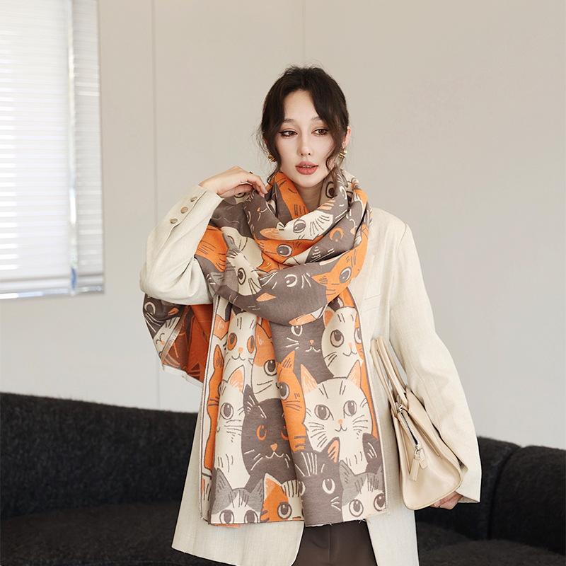 

New Double sided Cute Cat Imitation Cashmere Scarf for Women in Autumn and Winter Thickened and Warm Versatile Shawl Fashionable Scarf 190cm