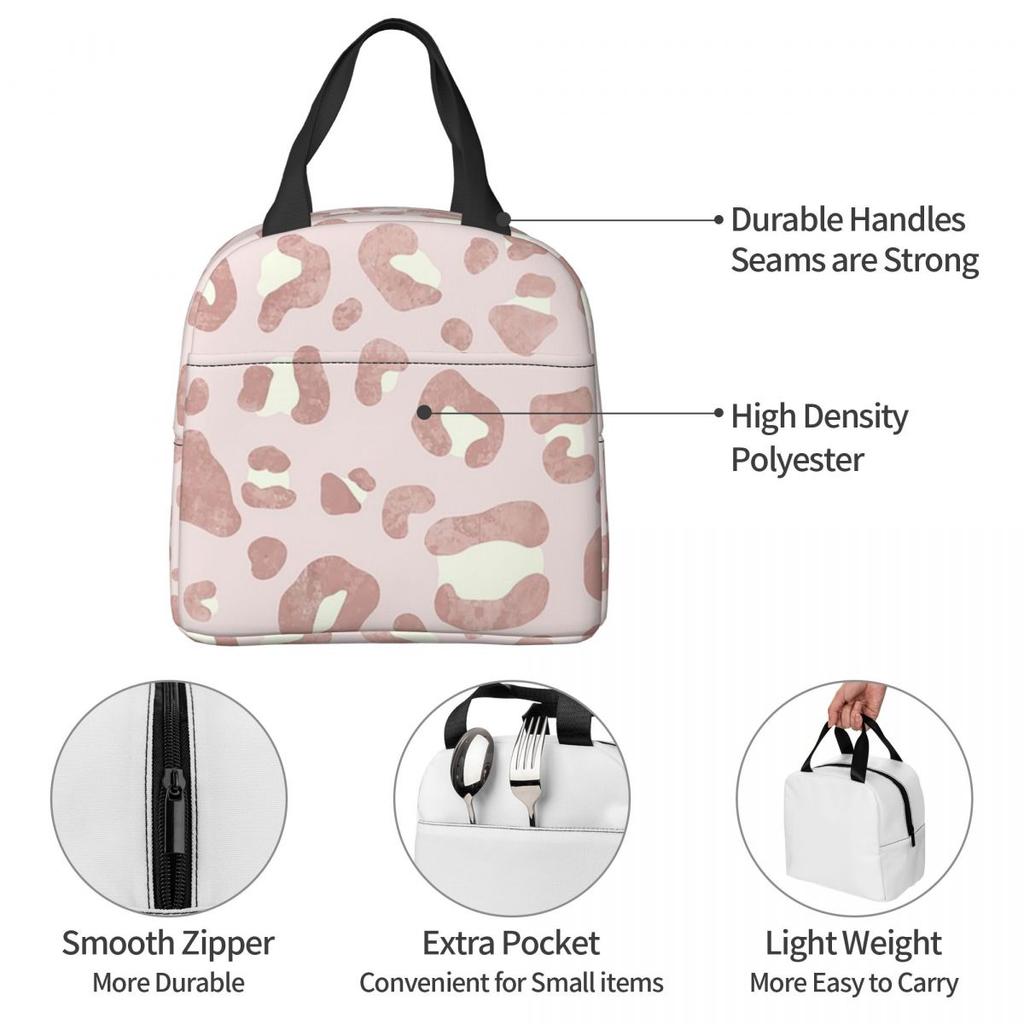 Rose Gold Leopard Print Insulated Lunch Bag for Women Office Cooler Thermal Food Box Tote Portable Lunch Boxes Container