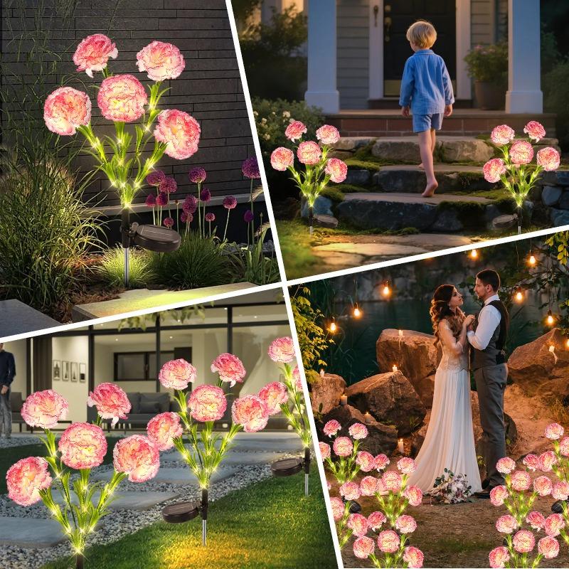 Solar Carnation Flower Lights Outdoor Waterproof Warm White LED Stake Lamp for Yard Lawn Patio Pathway Landscape Decoration