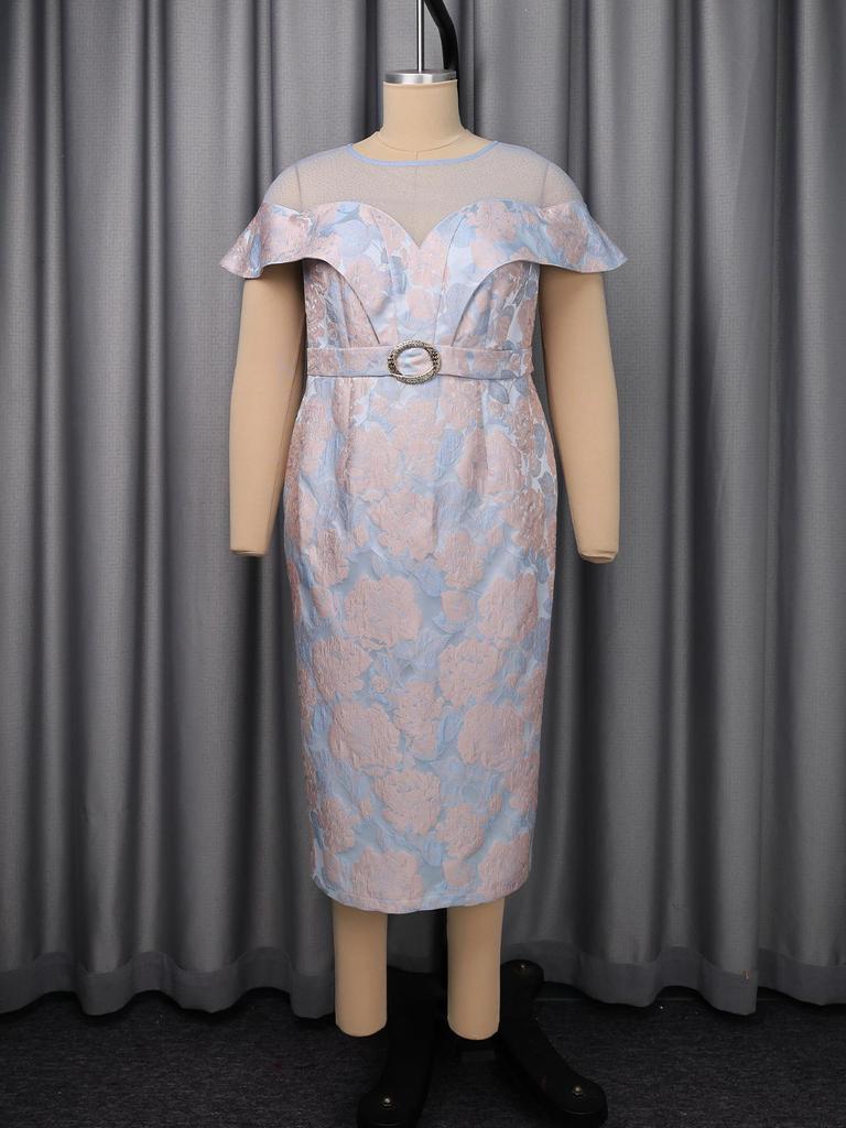 Plus Size Jacquard See-Through Collar Evening Midi Dress with Ruffle Waist and Hip-Hugging Fit