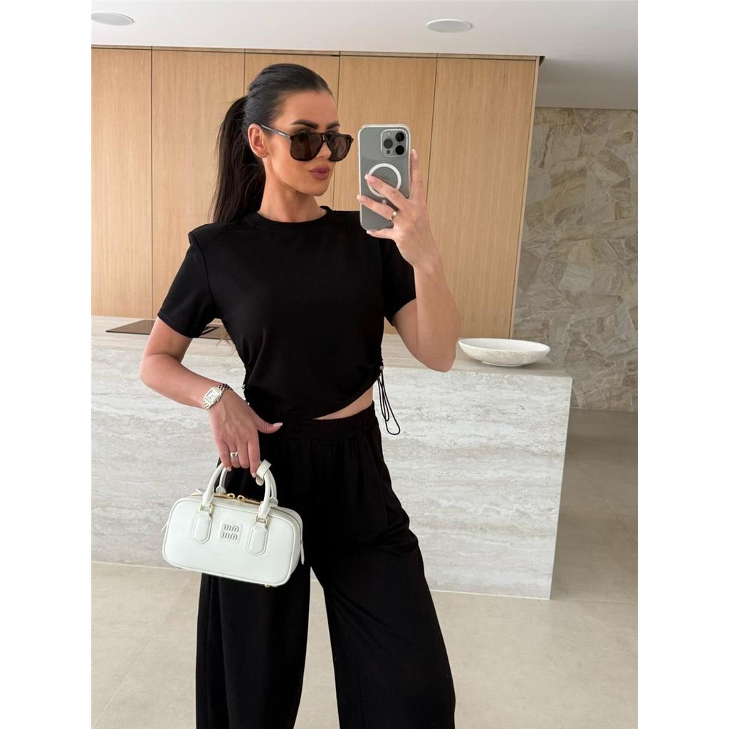 Lato Nowa Moda Casual Jednolity Kolor Garnitur T-shirt Szerokie Nogawki Spodnie Zestaw Dwuczęściowy Dla Kobiet