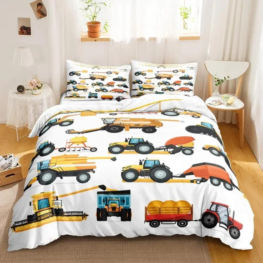 Construction Vehicles Boys Excavator Duvet Cover Yellow Tractor Truck Bedding Set For Teens Boys Old Retro Car Theme Room Decor