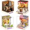 Moin Moin Miniature Dollhouse DIY Kit 4 Shops with LED Light and Acrylic Case Handcrafted for Beginners
