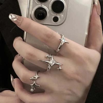 Vintage Irregular Cross Star Open Ring for Women Men Punk Gothic Sliver Color Adjustable Couple Rings  Zircon Gift