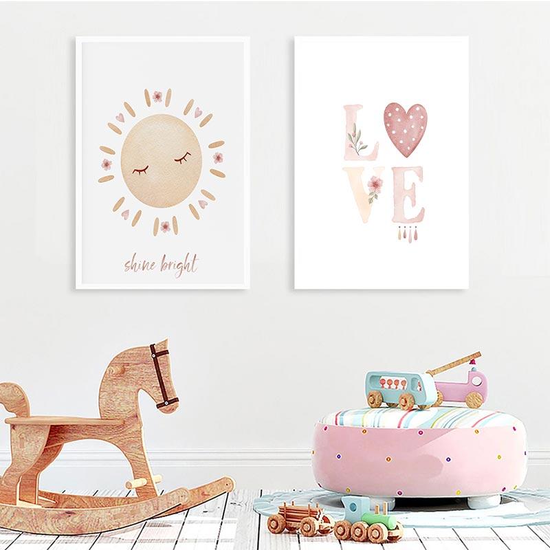 Boho styl Duhová série Plátno Malba Růžové Slunce Láska Srdce Útulné Nástěnné Umění Pokoj pro Dívky Trendová Dekorace Nerámovaný Plakát