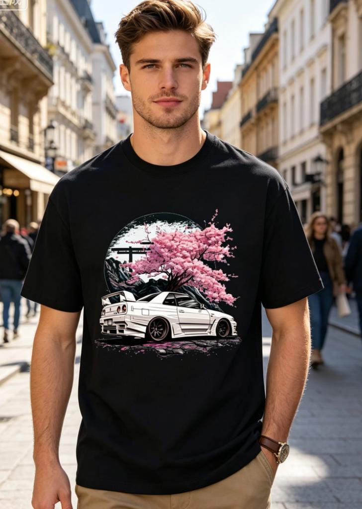 Unisexs Japanese Jdm Car Cherry Blossom Tshirt Loose Fit Casual Round Neck Short Sleeve Tee With Drift Car Shirt For Automotive
