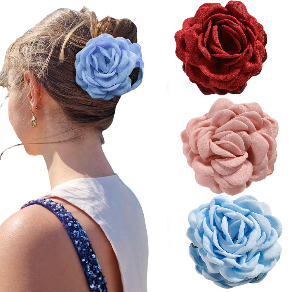 2/3 PCS New Solid Color Fabric Rose Flower Hair Claw for Women Girls Barrette Elegant Shark Clips Set Headwear Accessories Gifts