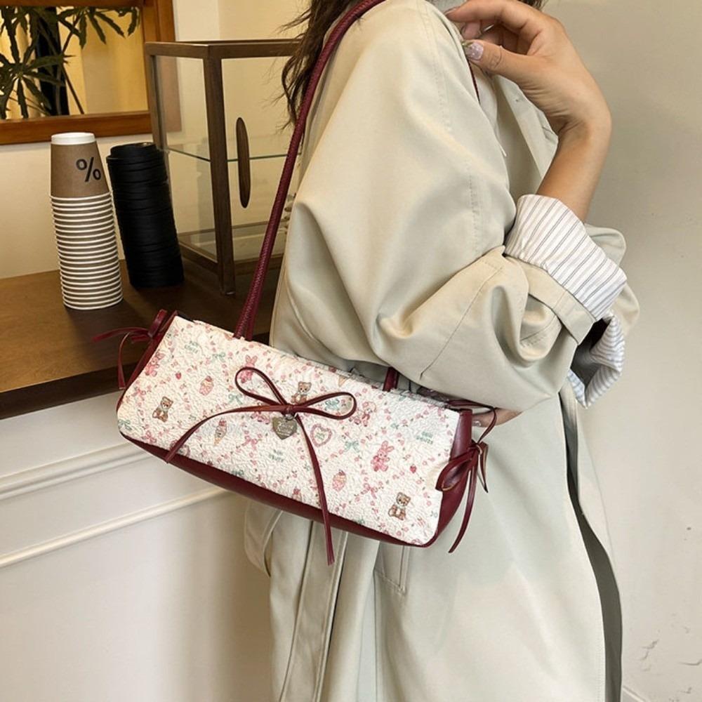 Pleated French Stick Handbag Plaid Cloth Underarm Bags Fashion Bow Shoulder Bag  Daily