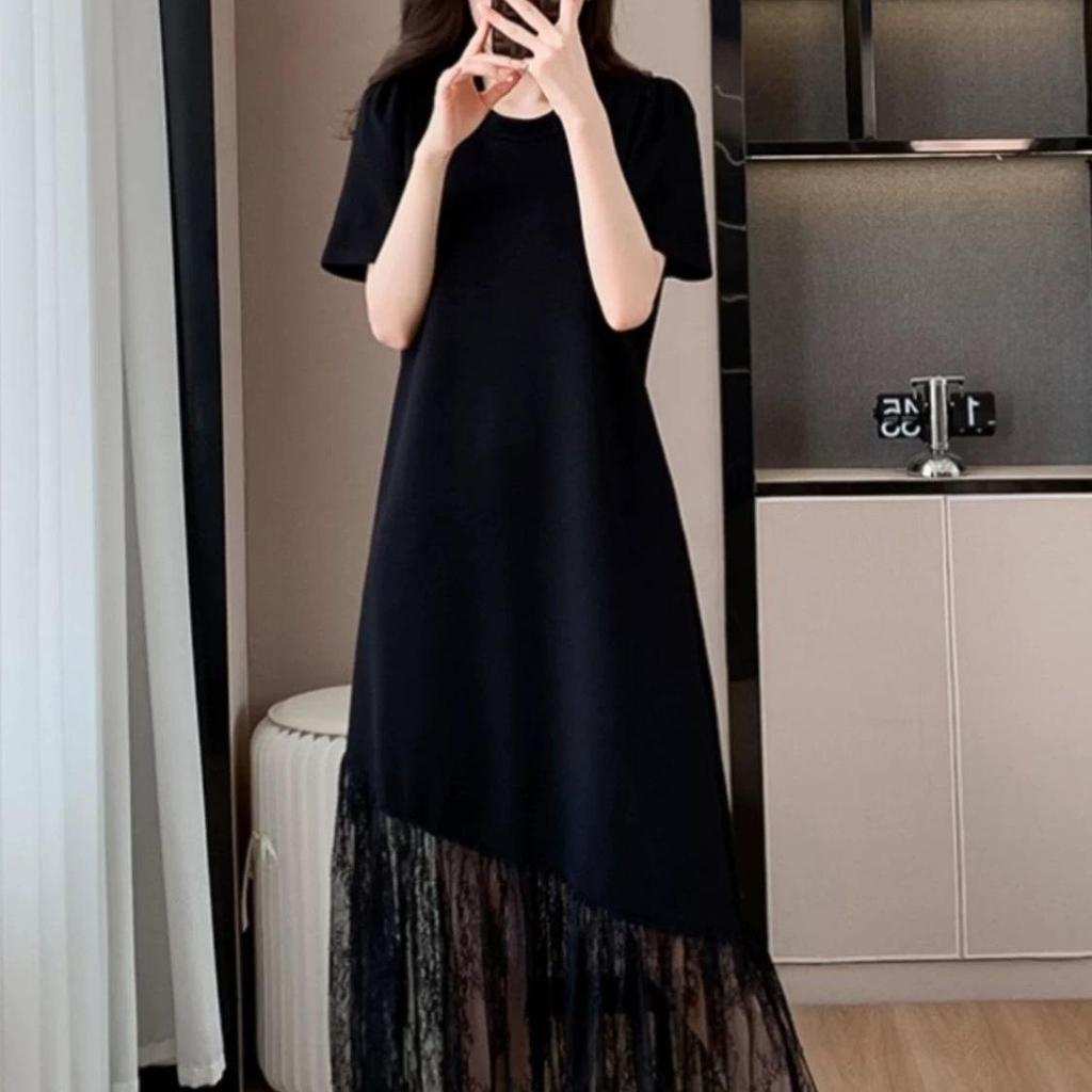 Robe d'été Patchwork en Dentelle Française Élégante Grande Taille - Manches Courtes Lâche Amincissante pour Femmes