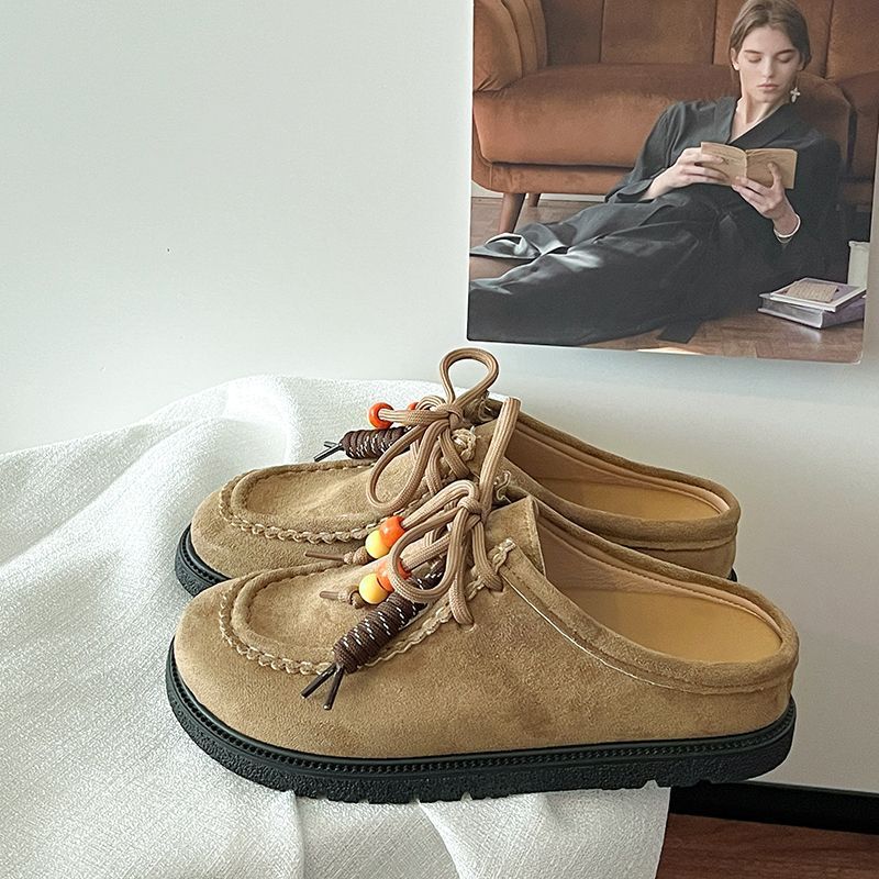 Women's versatile commuter temperament thick-bottomed lace-up bag head slippers retro round head Birkenstock half slippers 2025 summer new models