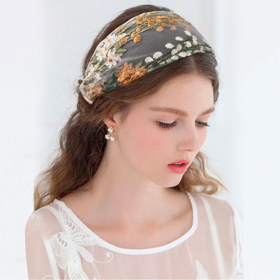 Female Ethnic Hairbands Elastic Embroidery Lace Flower Headband Chiffon Wide Head Wrap for Women Cross Knotted Hair Accessories