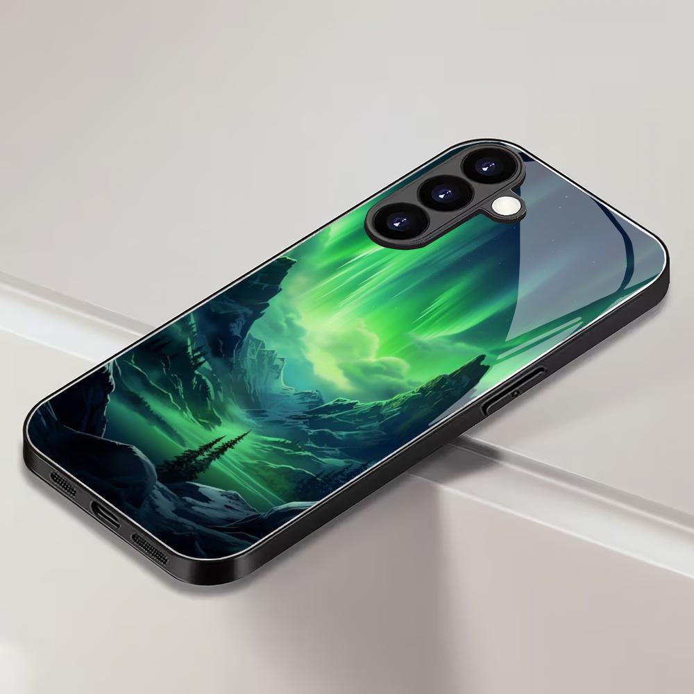 Green Aurora Tempered Glass Phone Case Suitable for Samsung Galaxy S26 S25 S24 S23 S22 S20 FE/Ultra/Plus Anti Drop Back Cover