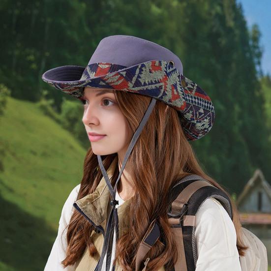 Bucket Hat Extra Large Brim Adjustable Fit Ethnic Style Cowboy Fisherman Hat Windproof Buckle Foldable Outdoor UV Blocking