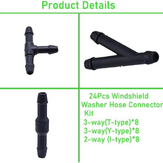 24Pcs Windshield Washer Hose Connector Kit, 3-way(T-type) 3-way(Y-type)2-way (I-type) Fit for Automotive Car Motorcycle Truck and Most Car Windshield