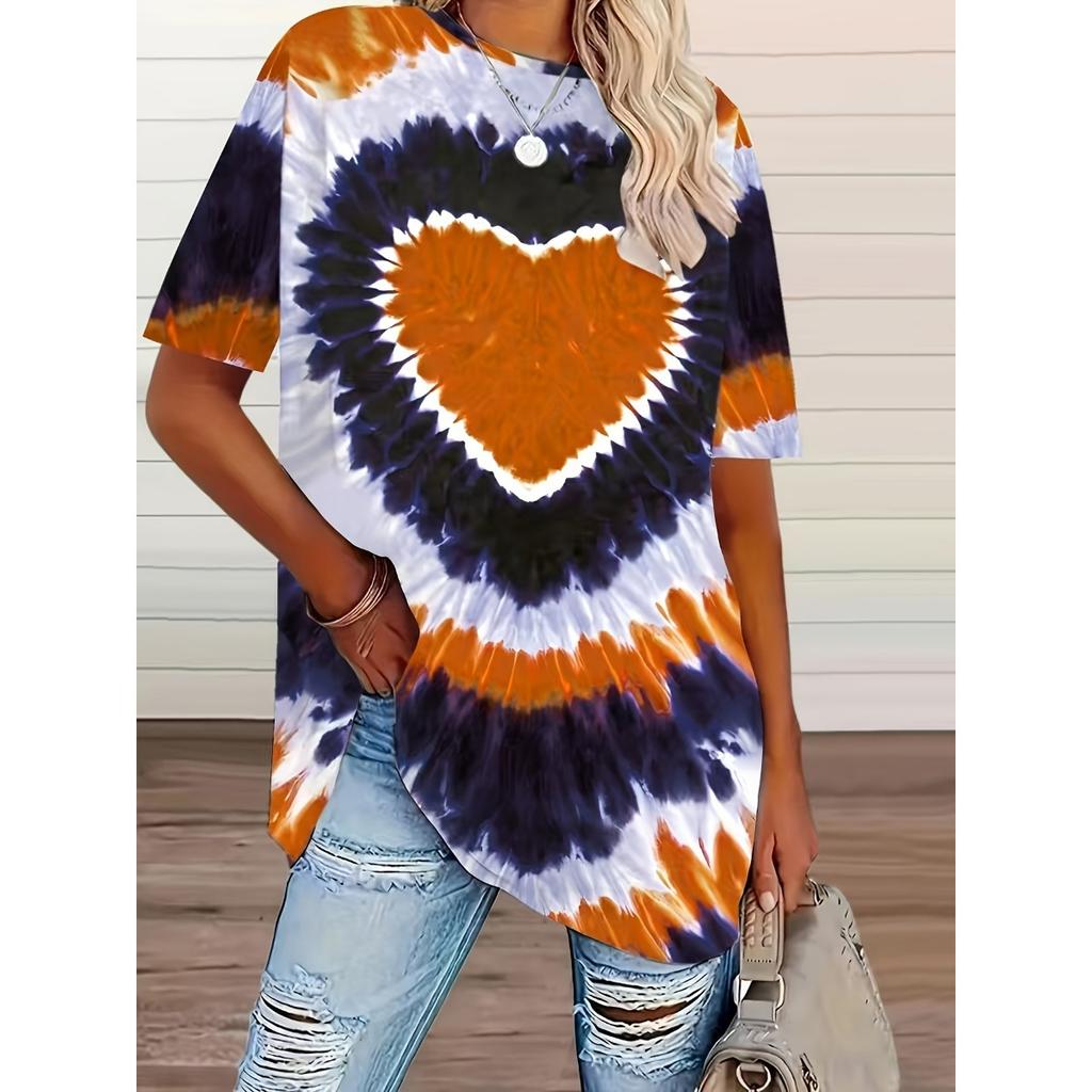 New Plus Size Women's Tie-dye Love Heart Print T-shirt, Casual Short Sleeve Top for Spring Summer
