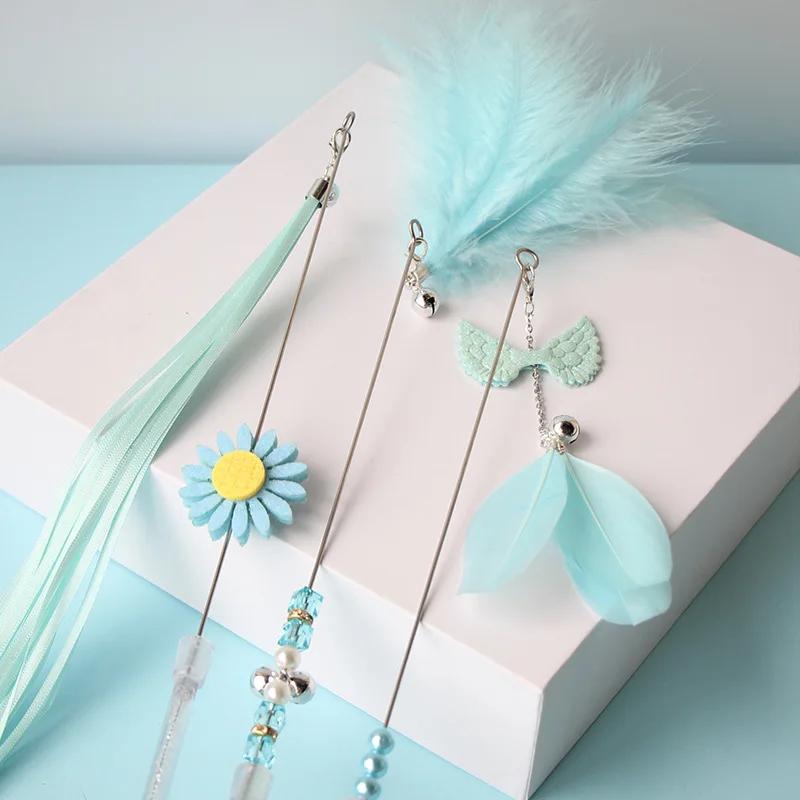 3PCS Cat Teaser Wands Set Pet Feather Interactive Cat Toy Ribbon Bell Cat Stick Toys Kitten Playing Supplies Accessories