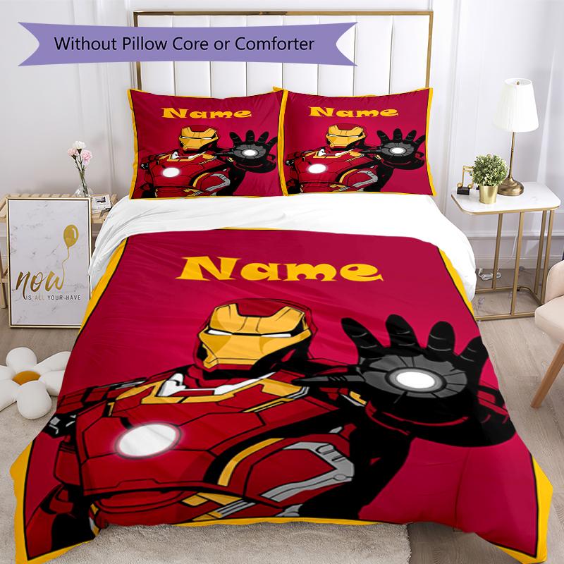 3pcs Custom Name Iron Man Bedding Set Duvet Cover Closure Includes 1 Duvet Cover & 2 Pillowcases, Soft and Comfortable for All Seasons.