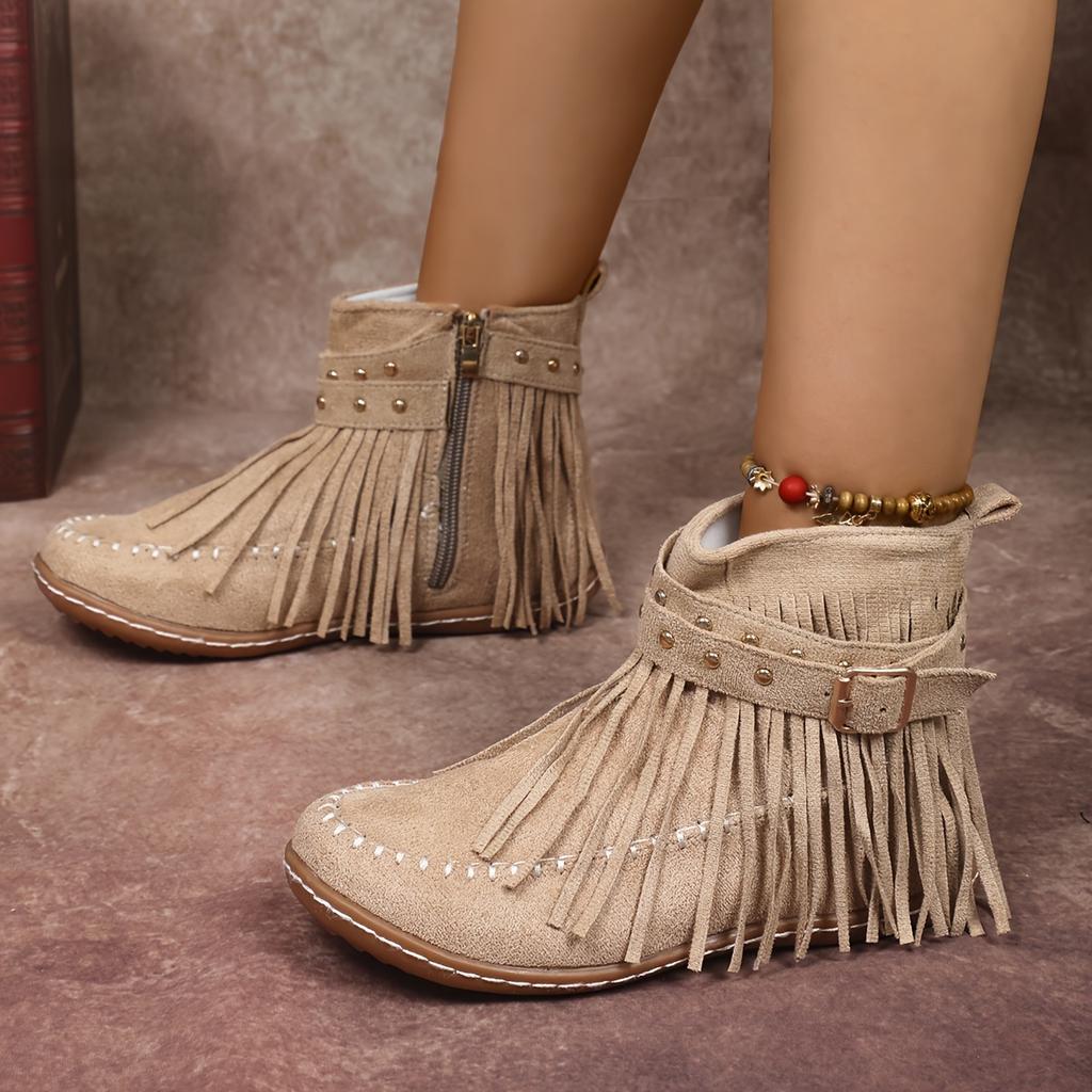 Bottes élégantes pour femmes de couleur unie, bottes d'hiver doublées en peluche avec ceinture à boucle cloutée à pompons, bottes de neige confortables à bout rond automne