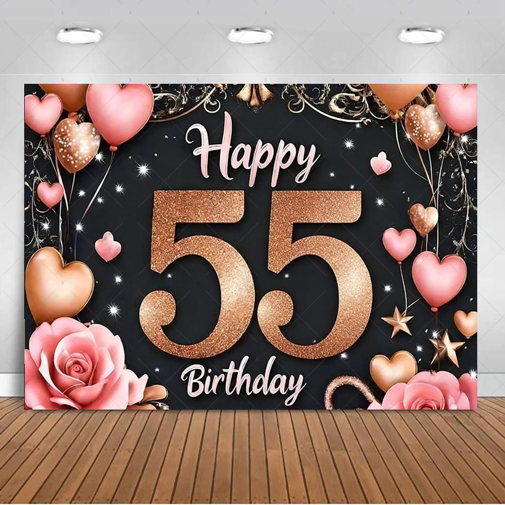 Sfondo per 55° Compleanno Forniture Palloncini Nero Oro 55 Anni Sfondo Decorazione Festa Scintillante Oggetti di Scena per Servizio Fotografico