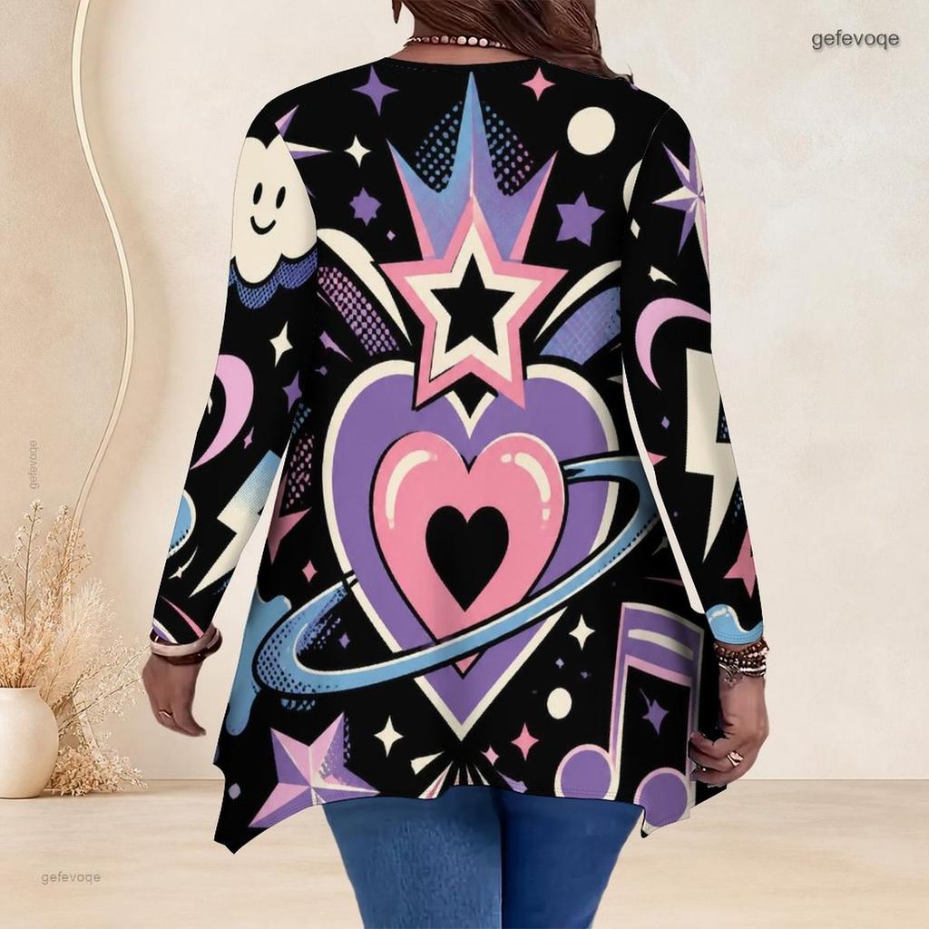 Women Plus Size V Neck Long Sleeve Printed Asymmetric Hem Flared Tunic Top