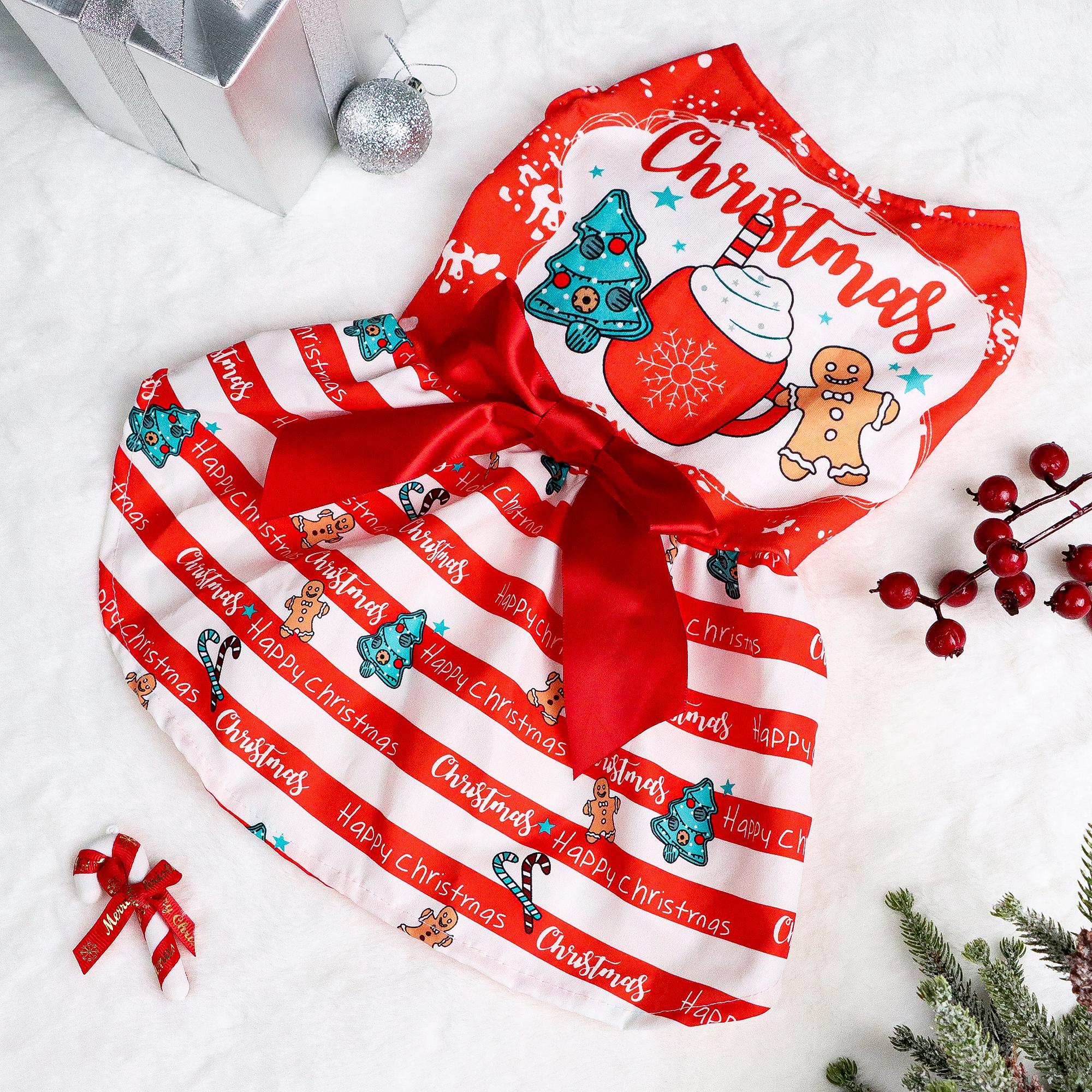

Dog Happy Christmas Dresses Striped Puppy Clothes with Cute Gingerbread Printed Beautiful and Comfort Costume with Bowknot Chr XS（old） червоний
