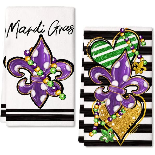 ARKENY Mardi Gras Kitchen Towels Set of 2,Purple Fleur De Lis White Polka dot Beads Dish Towels 18x26 Inch Drying Dishcloth,Farmhouse Home Mardi Gras Purple Fleur De Lis