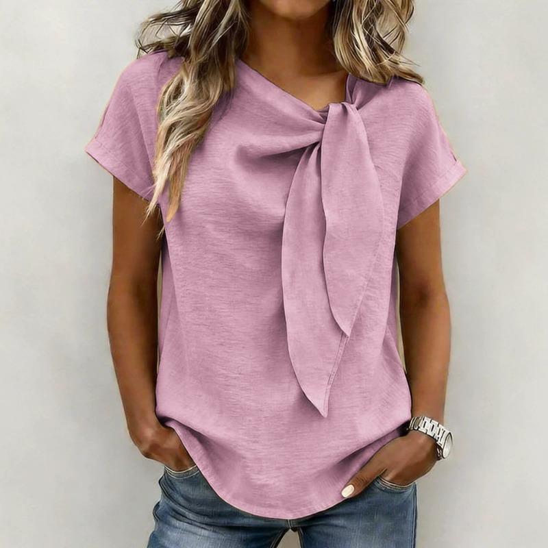 Women Casual Loose Solid Color Short Sleeve Knot Front Blouse