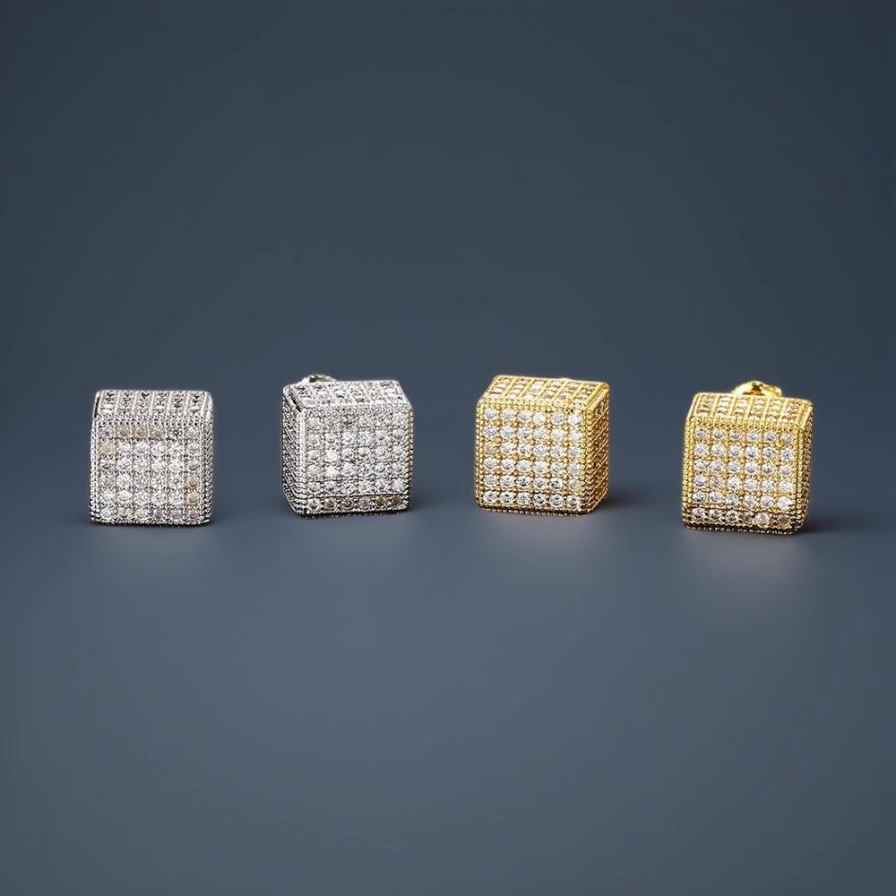 Hip Hop Earrings Cube Full Diamond Square Stud Earrings Men S Geometric Personality Trendy Design Sense Threaded Ear Needles