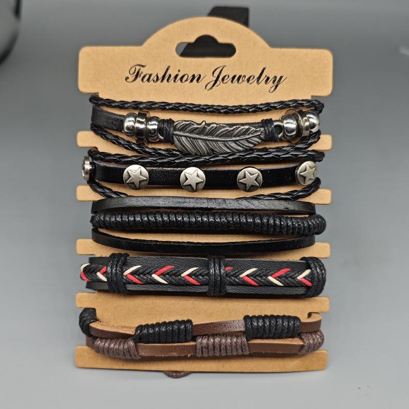 Adjustable Drawstring Feather & Leaf Charm Leather Bracelet Set – Vintage Alloy Star, Woven 5-Piece Collection